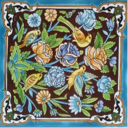سرامیک طرح گل و مرغ مشکی فیروزه ای ابعاد 20*20-کاشی امیری-Ceramic Flowers And Chickens Amiri Tile