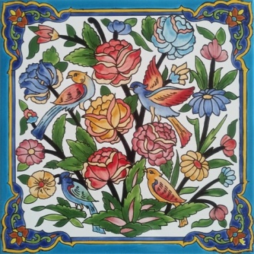 سرامیک طرح گل و مرغ قرمز فیروزه ای ابعاد 20*20-کاشی امیری-Ceramic Flowers And Chickens Amiri Tile